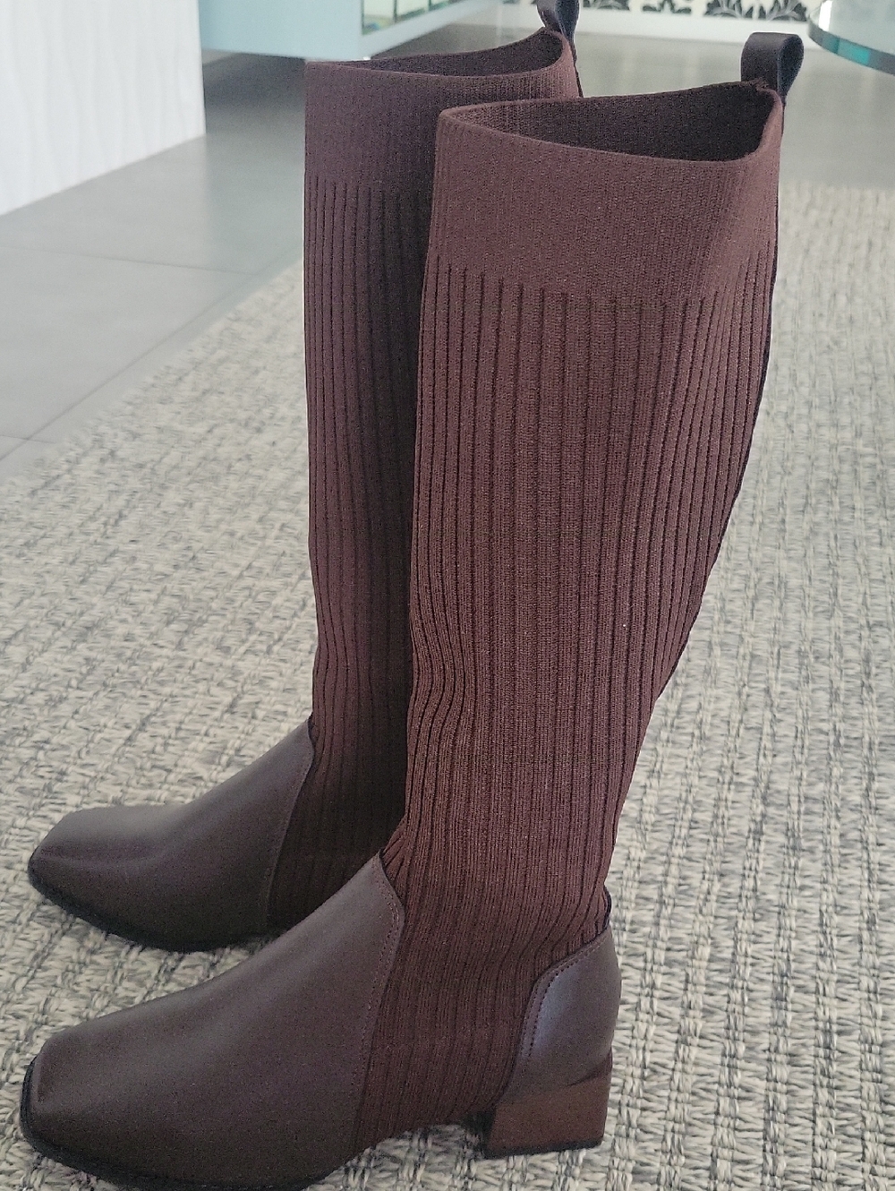 Ribbed  Below-The-Knee Knit Pull On Boots in Dark Brown 6